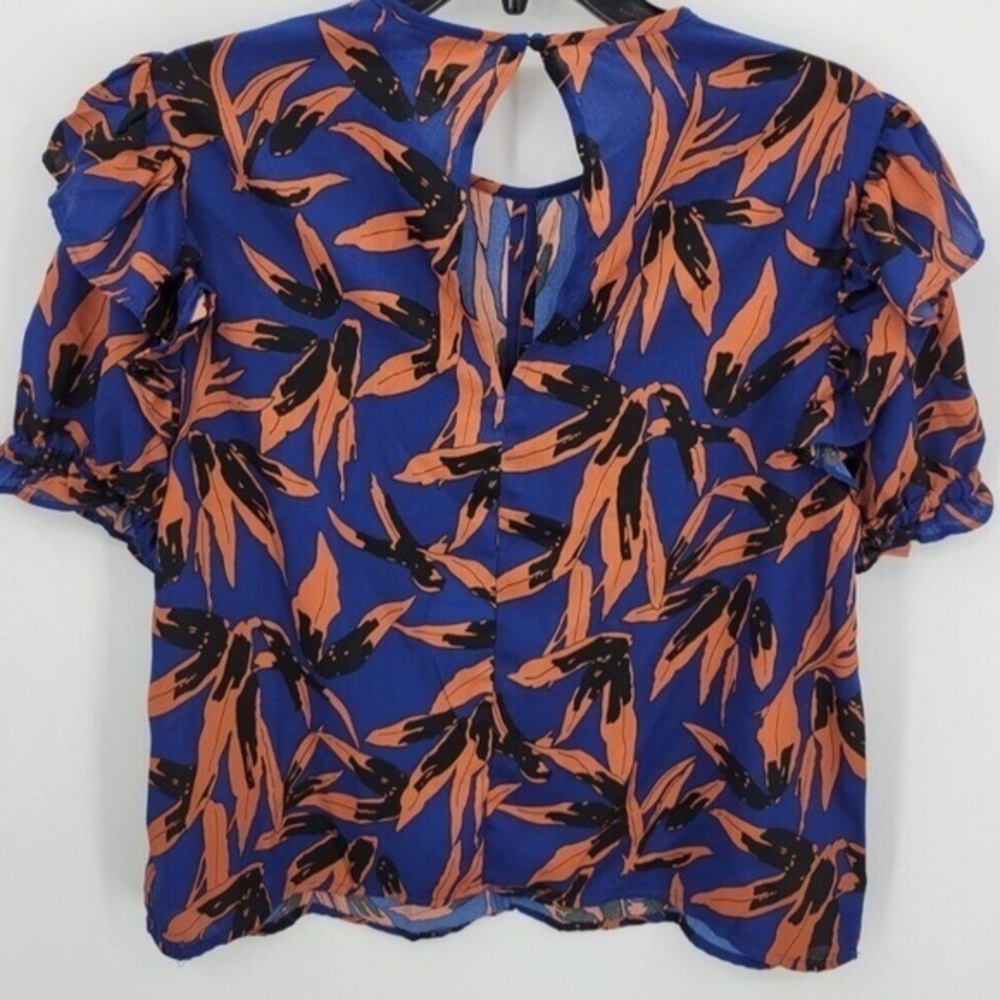 🇪🇸🐠 Walter Baker Bold Leaf Print Ruffle Sleeve Keyhole Blouse XS Blue Orange